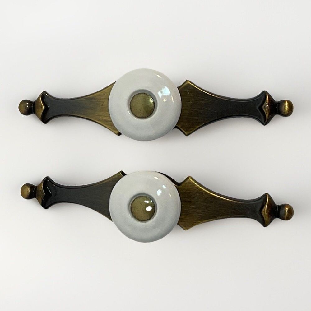2 Vintage Amerock Porcelain Cabinet Drawer Knobs Pulls Bronze Brass Backplate 5”